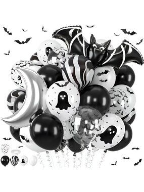 Halloween Balloons, Ghost Marble Printed Balloon with Silver Moon Winged Bat